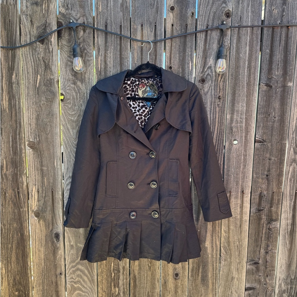 Guess Long Black Double Breasted Overcoat Trench Coat size Small pleated hem